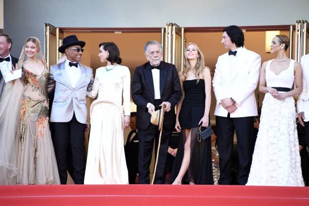 Grace VanderWaal, Giancarlo Esposito, Aubrey Plaza, Francis Ford Coppola, Romy Croquet, Adam Driver and Kathryn Hunter at the MEGALOPOLIS premiere at the 77th Cannes Film Festival 16 05 2024