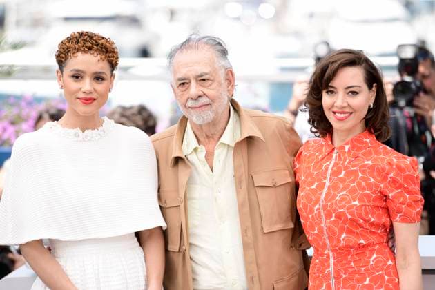 CANNES, FRANCE MAY 17 G D Nathalie EMMANUEL, actress, Francis FORD COPPOLA, director, Aubrey PLAZA, actress, during the photocall of the film Megalopolis in competition at the 77th Cannes Film Festival at the Palais des Festivals on May 17, 2024 in Cannes, France CELEBRITES 77eme Festival de Cannes Photocall 17 05 2024 ValentinaClaret Panoramic 