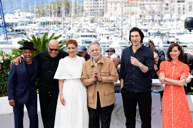 CANNES, FRANCE MAY 17 G D Giancarlo ESPOSITO, actor, Laurence FISHBURNE, actor, Nathalie EMMANUEL, actress, Francis FORD COPPOLA, director, Francis FORD COPPOLA, director, Adam DRIVER, actor, Aubrey PLAZA, actress, during the photocall of the film Megalopolis in competition at the 77th Cannes Film Festival at the Palais des Festivals on May 17, 2024 in Cannes, France CELEBRITES 77eme Festival de Cannes Photocall 17 05 2024 ValentinaClaret Panoramic
