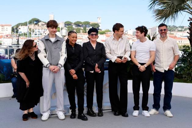 May 17, 2024: Tessa Ross, Jason Buda, Nykiya Adams, Andrea Arnold, Franz Rogowski, Barry Keoghan and Lee Groombridge pose at the photo call of Bird during the 77th Cannes Film Festival at Palais des Festivals in Cannes, France, on 17 May 2024. Photo: - ZUMAm179 20240517_zep_m179_003 Copyright: xAlecxMichaelx