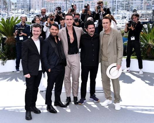 77th Cannes Film Festival 2024, Red carpet film The surfer Cannes, 77th Cannes Film Festival 2024, Red carpet film The surfer In the photo: Thomas Martin, Justin Rosniak, Alexander Bertrand, Lorcan Finnegan, Nicolas Cage Cannes France  Copyright: xIPA ABACAx