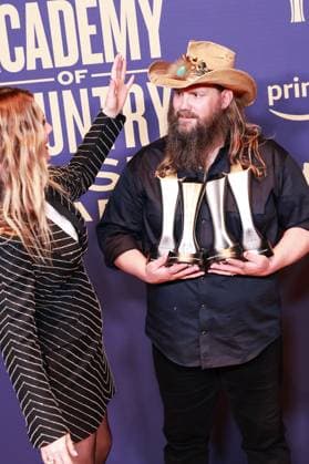 May 16, 2024, Frisco, Tx, USA: Chris Stapleton, winner of the Album of the Year award for â€oeHigher, the Male Artist of the Year award, and Artist-Songwriter of the Year award, and Morgane Stapleton, winner of the the Album of the Year award for â€oeHigher, pose in the press room during the 59th Academy of Country Music Awards at The Ford Center at The Star on May 16, 2024 in Frisco, Texas. Frisco USA - ZUMAs181 20240516_zea_s181_429 Copyright: xOzziexBx