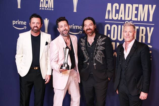 May 16, 2024, Frisco, Tx, USA: Brad Tursi, Matthew Ramsey, Geoff Sprung, and Trevor Rosen of Old Dominion, winners of the Group of the Year award, pose in the press room during the 59th Academy of Country Music Awards at The Ford Center at The Star on May 16, 2024 in Frisco, Texas. Frisco USA - ZUMAs181 20240516_zea_s181_417 Copyright: xOzziexBx