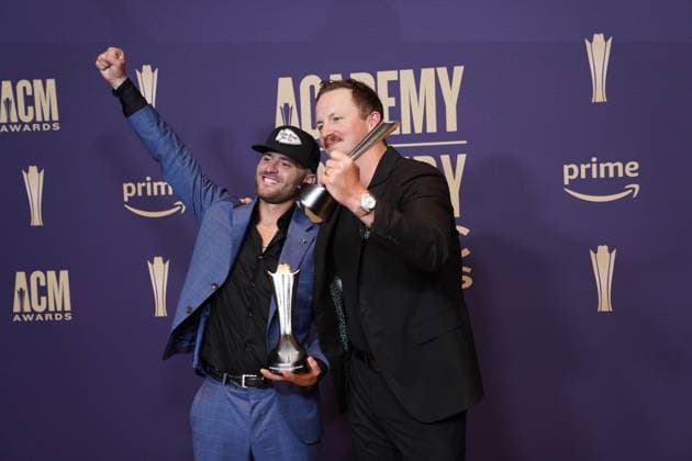 May 16, 2024, Frisco, Texas, United States: (L-R) Greylan James and Chase McGill, winners of the Song of the Year Award for Next Thing You Know pose with their prize in the press room during the 59th Academy of Country Music Awards Ceremony at The Ford Center at the Star. Frisco United States - ZUMAe321 20240516_zea_e321_016 Copyright: xJavierxVicenciox xEyepixxGroupx