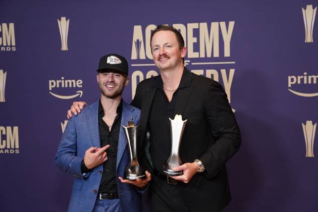 May 16, 2024, Frisco, Texas, United States: (L-R) Greylan James and Chase McGill, winners of the Song of the Year Award for Next Thing You Know pose with their prize in the press room during the 59th Academy of Country Music Awards Ceremony at The Ford Center at the Star. Frisco United States - ZUMAe321 20240516_zea_e321_041 Copyright: xJavierxVicenciox xEyepixxGroupx