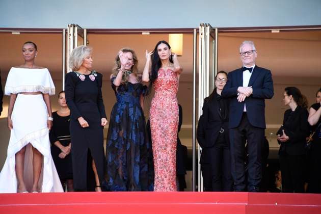 Sophie Wilden, Iris Knobloch, Caroline Scheufele, Demi Moore and Thierry Fremaux at the KINDS OF KINDNESS premiere at the 77th Cannes Film Festival 17 05 2024