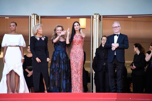 Sophie Wilden, Iris Knobloch, Caroline Scheufele, Demi Moore and Thierry Fremaux at the KINDS OF KINDNESS premiere at the 77th Cannes Film Festival 17 05 2024