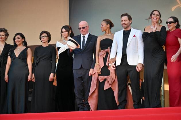 Cannes 2024 Premiere Emilia Perez Adriana Paz, Rachida Dati, Selena Gomez, Edgar Ramirez, Jacques Audiard, Zoe Saldana, Karla Sofia Gascon, Damien Jalet and Virginie Montel attending the premiere of the movie Emilia Perez during the 77th Cannes Film Festival in Cannes, France on May 18, 2024. Photo by Julien Reynaud APS-Medias ABACAPRESS.COM Cannes France  Copyright: xReynaudxJulien APS-Medias ABACAx