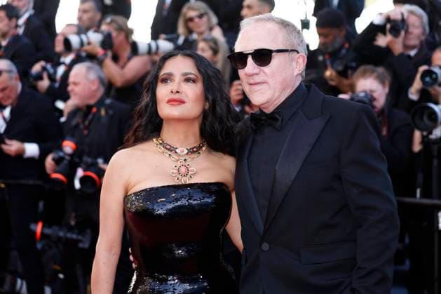 May 18, 2024: Salma Hayek and FranoÂßois-Henri Pinault attend the red carpet premiere of Emilia Perez during the 77th Cannes Film Festival at Palais des Festivals in Cannes, France, on 18 May 2024. Photo: - ZUMAm179 20240518_zep_m179_159 Copyright: xAlecxMichaelx