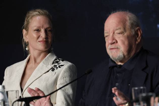 Cannes - Oh, Canada Press Conference Uma Thurman and Paul Schrader attending Oh, Canada press conference during the 77th annual Cannes Film Festival at the Palais des Festivals, in Cannes France, on May 18 2024. Photo by JM Haedrich Pool ABACAPRESS.COM Cannes France  Copyright: xPool ABACAx