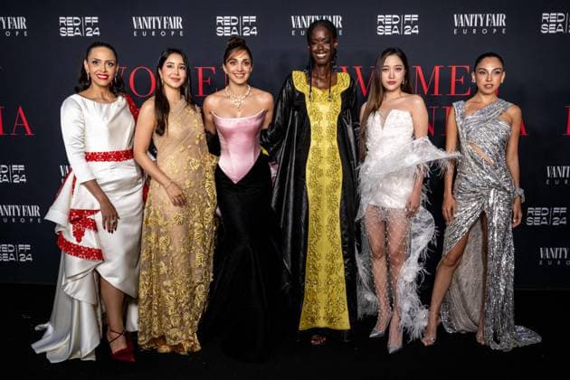 Cannes - Women In Cinema Gala L-R : Saudi actresses Adhwa Fahad, Aseel Omran, Kiara Advani, Ramata Toulaye-Sy, Thai actress Sarocha Chankimha (known as Freen) and Egyptian actress Salma Abu-Deif attend the ?Women In Cinema? gala at hotel Eden Roc at Cap d?Antibes, as part of 77th edition of Cannes Film Festival, in Cannes, France, on May 18, 2024. Photo by Ammar Abd Rabbo ABACAPRESS.COM Antibes France  Copyright: xAbdxRabboxAmmar ABACAx