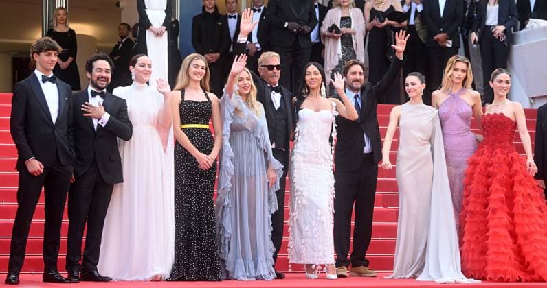 American actor director Kevin Costner, actors Hayes Costner, Luke Wilson, actresses Georgia Macphail, Isabelle Fuhrman, Wase Chief, Jena Malone, British actresses Ella Hunt, Sienna Miller, Australian actress Abbey Lee and American- Mexican actor Alejandro Edda attend the premiere of Horizon: An American Saga at the 77th Cannes Film Festival in Cannes, France on Sunday, May 19, 2024. CAN20240519180 RUNExHELLESTAD