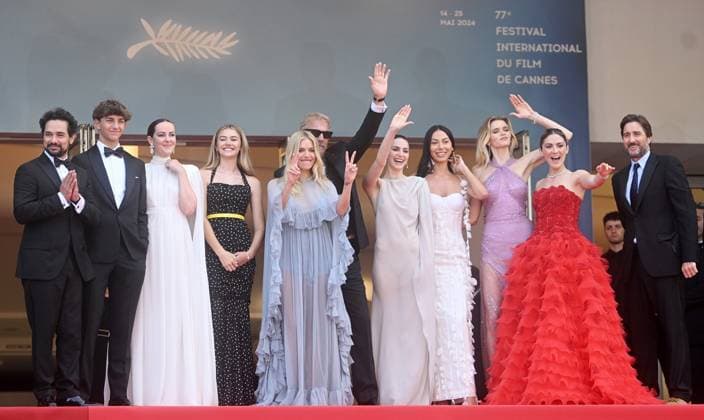 American actor director Kevin Costner, actors Hayes Costner, Luke Wilson, actresses Georgia Macphail, Isabelle Fuhrman, Wase Chief, Jena Malone, British actresses Ella Hunt, Sienna Miller, Australian actress Abbey Lee and American- Mexican actor Alejandro Edda attend the premiere of Horizon: An American Saga at the 77th Cannes Film Festival in Cannes, France on Sunday, May 19, 2024. CAN20240519182 RUNExHELLESTAD