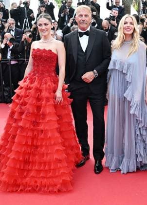 American actor director Kevin Costner, actress Isabelle and British actress Sienna Miller attend the premiere of Horizon: An American Saga at the 77th Cannes Film Festival in Cannes, France on Sunday, May 19, 2024.  CAN20240519188 RUNExHELLESTAD
