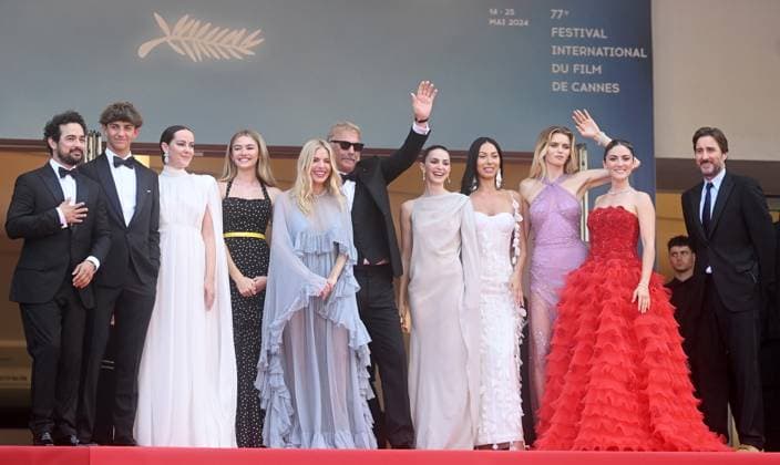 American actor director Kevin Costner, actors Hayes Costner, Luke Wilson, actresses Georgia Macphail, Isabelle Fuhrman, Wase Chief, Jena Malone, British actresses Ella Hunt, Sienna Miller, Australian actress Abbey Lee and American- Mexican actor Alejandro Edda attend the premiere of Horizon: An American Saga at the 77th Cannes Film Festival in Cannes, France on Sunday, May 19, 2024. CAN20240519181 RUNExHELLESTAD