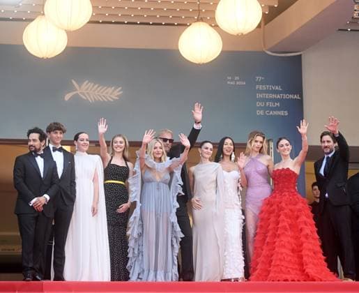American actor director Kevin Costner, actors Hayes Costner, Luke Wilson, actresses Georgia Macphail, Isabelle Fuhrman, Wase Chief, Jena Malone, British actresses Ella Hunt, Sienna Miller, Australian actress Abbey Lee and American- Mexican actor Alejandro Edda attend the premiere of Horizon: An American Saga at the 77th Cannes Film Festival in Cannes, France on Sunday, May 19, 2024. CAN20240519183 RUNExHELLESTAD
