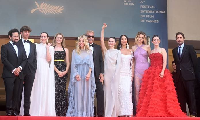 American actor director Kevin Costner, actors Hayes Costner, Luke Wilson, actresses Georgia Macphail, Isabelle Fuhrman, Wase Chief, Jena Malone, British actresses Ella Hunt, Sienna Miller, Australian actress Abbey Lee and American- Mexican actor Alejandro Edda attend the premiere of Horizon: An American Saga at the 77th Cannes Film Festival in Cannes, France on Sunday, May 19, 2024. CAN20240519184 RUNExHELLESTAD