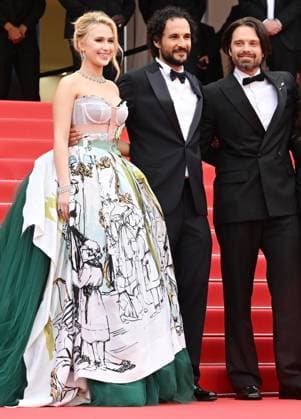 Iranian- Danish director Ali Abbasi, German actor Sebastian Stan and Bulgarian actress Maria Bakalova attend the premiere of The Apprentice at the 77th Cannes Film Festival in Cannes, France on Monday May 20, 2024.  CAN20240520161 RUNExHELLESTAD