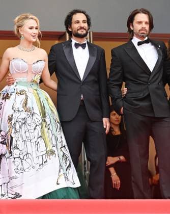 Iranian- Danish director Ali Abbasi, German actor Sebastian Stan and Bulgarian actress Maria Bakalova attend the premiere of The Apprentice at the 77th Cannes Film Festival in Cannes, France on Monday May 20, 2024.  CAN20240520162 RUNExHELLESTAD
