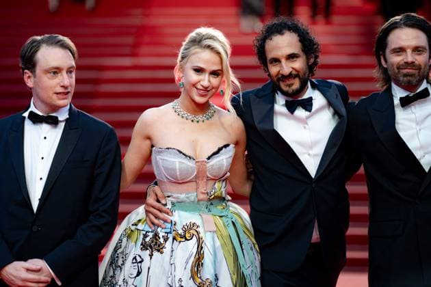 Cannes, France 20th May, 2024 Gabriel Sherman, Maria Bakalova, Ali Abbasi, Sebastian Stan attends The Apprentice Screening red carpet at the 77th annual Cannes Film Festival at Palais des Festivals on May Ã , 2024 in Cannes, France CINEMA 77eme Festival de Cannes Red Carpet du film The Apprentice 20 05 2024 NorbertScanella Panoramic 