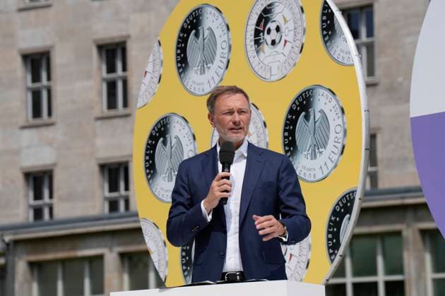 Federal Minister of Finance Lindner presents special postage stamp and 11 euro collectors coin Presentation of the special postage stamp and the 11 euro collectors coin UEFA European Football Championship 2024 with Federal Minister of Finance Christian Lindner at the Federal Ministry of Finance Berlin Berlin GER