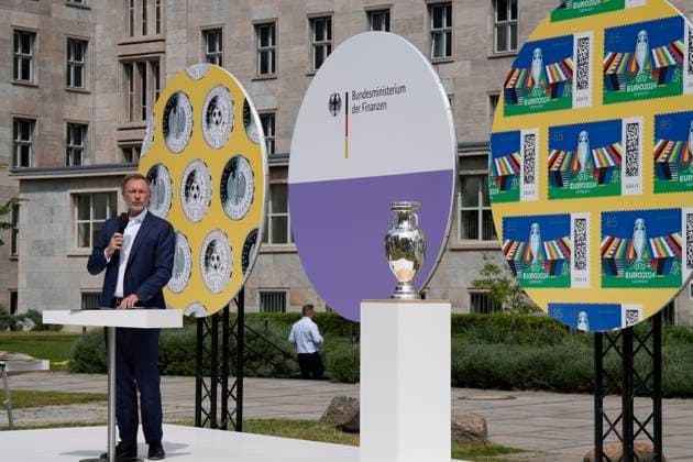 Federal Minister of Finance Lindner presents special postage stamp and 11 euro collectors coin Presentation of the special postage stamp and the 11 euro collectors coin UEFA European Football Championship 2024 with Federal Minister of Finance Christian Lindner at the Federal Ministry of Finance Berlin Berlin GER