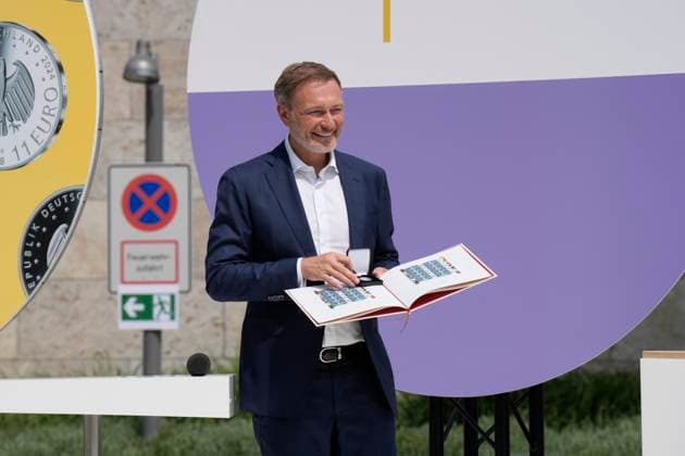 Federal Minister of Finance Lindner presents special postage stamp and 11 euro collectors coin Presentation of the special postage stamp and the 11 euro collectors coin UEFA European Football Championship 2024 with Federal Minister of Finance Christian Lindner at the Federal Ministry of Finance Berlin Berlin GER