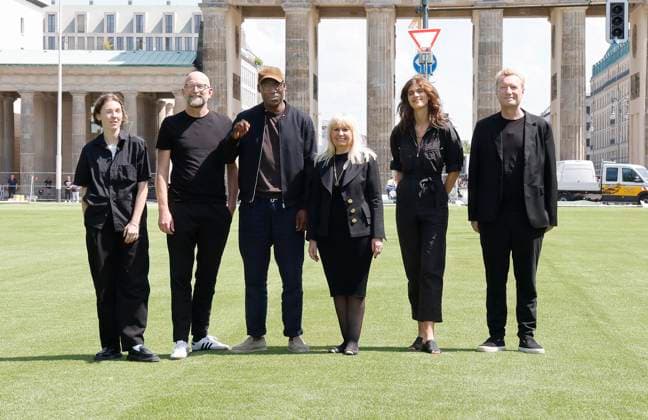 Lisa Herzog, Moritz van Dülmen, Joe Chialo, Iris Spranger, Dr. Paulina Hübner, Thomas Gloor at the press conference for the Fan Zone at the Brandenburg Gate in Berlin Presentation of ideas and plans what awaits visitors to the UEFA EURO, European Championship in Berlin ,