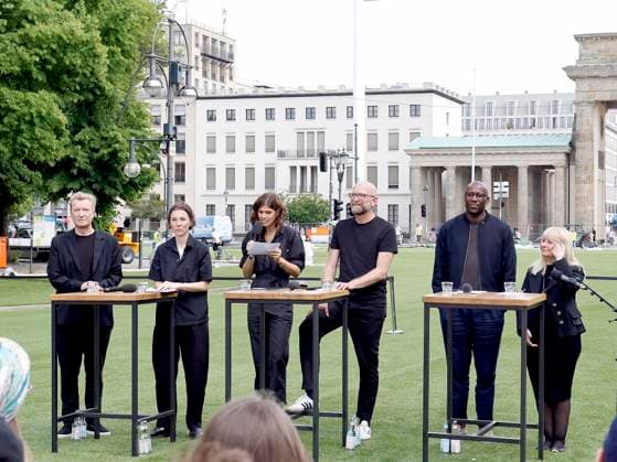 Thomas Gloor, Lisa Herzog, Dr. Paulina Hübner, Moritz van Dülmen, Joe Chialo, Iris Spranger at the press conference for the Fan Zone at the Brandenburg Gate in Berlin Presentation of ideas and plans what awaits visitors to the UEFA EURO, European Championship in Berlin ,