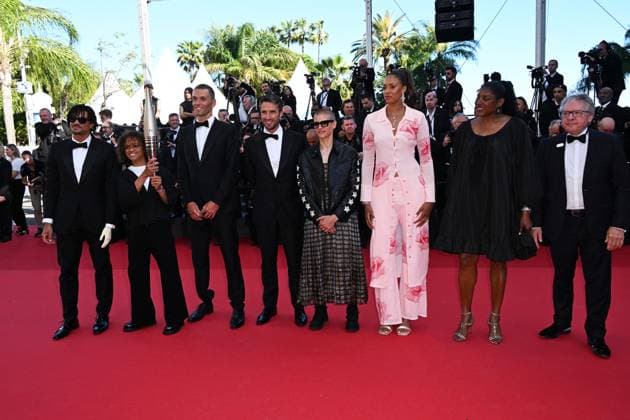 **Cannes, 77th Cannes Film Festival 2024, Eighth evening - red carpet of the film Marcello Mio Cannes, 77th Cannes Film Festival 2024, Eighth evening - red carpet of the film Marcello mio In the photo: Iliana Rupert, Marie Patouillet, Tony Estanguet, Alexis Hanquinquant, NÃ lia Barbosa and Arnaud Assoumani Cannes France  Copyright: xIPA ABACAx