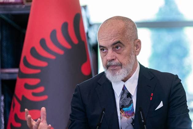 Albanian Prime Minister Edi Rama addressing international relations alongside British Foreign Secretary Lord David Cameron (not in picture) at a press conference in Tirana, Albania, on Wednesday, May 22, 2024. (VX Photo Vudi Xhymshiti)., Lord Cameron Visits Albania Tirana Albanian PM Office Albania Republic of Albania  , Copyright: xVxXhymshitix