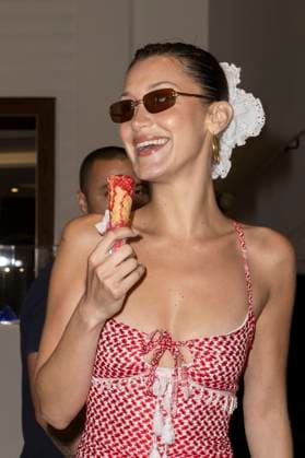 Cannes - Bella Hadid At The Martinez Bella Hadid enjoys an ice-cream at the Hotel Martinez during the 77th Cannes Film Festival on May 23, 2024 in Cannes, France. Photo by Marco Piovanotto ABACAPRESS.COM Cannes France  Copyright: xPiovanottoxMarco ABACAx