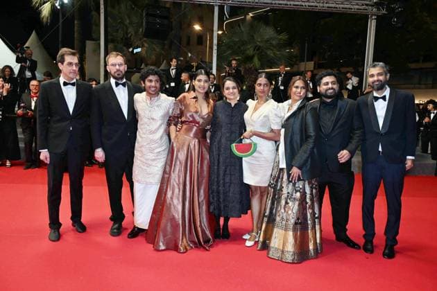 Cannes, 77th Cannes Film Festival 2024, red carpet film All We Imagine As Light Pictured: Kani Kusruti, Divya Prabha, Payal Kapadia, Chhaya Kadam, Hridhu Haroon  Copyright: xManuelexMangiarottix xipa-agencyx xPoolxPhotoxEventsx03x IPA_Agency_IPA46457086
