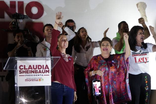 Claudia Sheinbaum Pardo, Mexico s Presidential candidate by Ã¢â‚¬ËœJuntos Hagamos HistoriaÃ¢â‚¬â ¢ alliance Accompanied by the candidate for the Mexico City Head of Government Clara Brugada and Leticia Varela candidate for mayor of Benito Juarezduring a rally campaign event heading to the elections at Benito JuoÂ¡rez mayor office esplanade. on May 22, 2024 in Mexico City, Mexico. Mexico City Mexico - ZUMAe321 20240522_zia_e321_016 Copyright: xIsmaelxRosasx