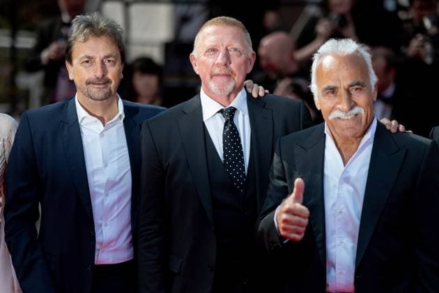 Cannes, France 23th May, 2024 Henri Leconte, Boris Becker and Mansour Bahrami attends L™amour Ouf Beating Hearts Screening red carpet at the 77th annual Cannes Film Festival at Palais des Festivals on May 23, 2024 in Cannes, France CINEMA 77eme Festival de Cannes Red Carpet du film L™amour Ouf Beating Hearts 23 05 2024 NorbertScanella Panoramic 