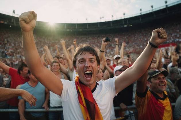 A man from Germany with his hands up celebrating a victory in a football stadium. Model Released AdalbertoRodriguez_ID21413_629942_011 Copyright: xAdalbertoxRodriguezx RECORD DATE NOT STATED