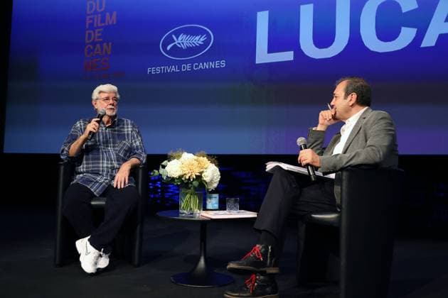 Cannes - Rendez-Vous With George Lucas George Lucas and Didier Allouch speak on stage at rendez-vous with George Lucas at the 77th annual Cannes Film Festival at Palais des Festivals on May 24, 2024 in Cannes, France. Photo by JP PARIENTE Pool ABACAPRESS.COM Cannes France  Copyright: xABACAx