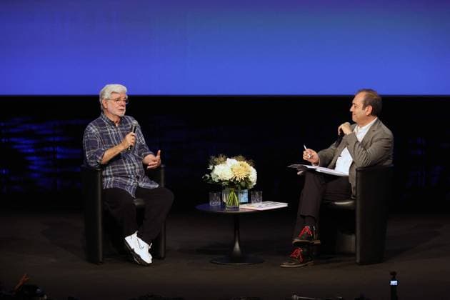 Cannes - Rendez-Vous With George Lucas George Lucas and Didier Allouch speak on stage at rendez-vous with George Lucas at the 77th annual Cannes Film Festival at Palais des Festivals on May 24, 2024 in Cannes, France. Photo by JP PARIENTE Pool ABACAPRESS.COM Cannes France  Copyright: xABACAx