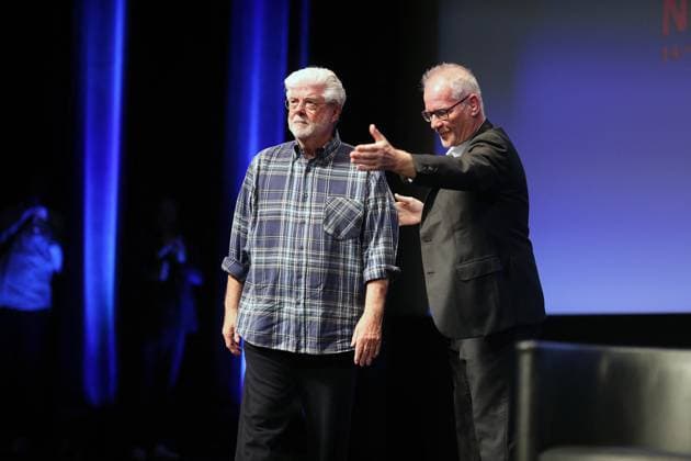 Cannes - Rendez-Vous With George Lucas Cannes Film Festival director Thierry Fremaux welcomes George Lucas on stage at rendez-vous with George Lucas at the 77th annual Cannes Film Festival at Palais des Festivals on May 24, 2024 in Cannes, France. Photo by JP PARIENTE Pool ABACAPRESS.COM Cannes France  Copyright: xABACAx