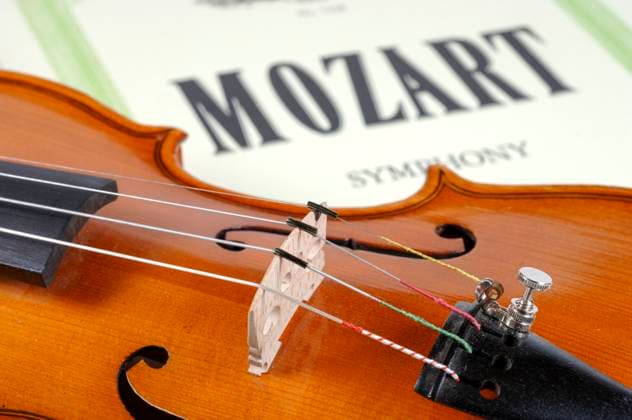 Musical instrument violin Musical instrument violin lies on sheet music by Mozart