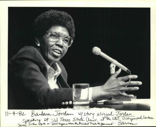 November 4, 1982, San Antonio, Texas, USA: Barbara Jordan speaking at Southwest Texas State University at the LBJ Distinguished Lecture Series. Jordan spoke on What Happens When the President Trusts the Government (Texas) San Antonio USA - ZUMAa27_ 19821104_znn_a27_002 Copyright: xSanxAntonioxExpress-Newsx