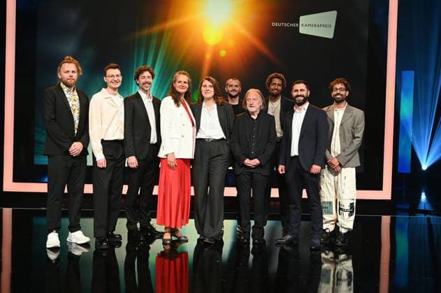 Award winners Lukas Wunschik, Markus Ott, Nicolai Mehring, Anne Jünemann, Yana Höhnerbach, Philipp Straetker, Rainer Klausmann, Noah Böhm, Daniel Guliyev, Christopher Aoun, l r, posing on stage at the award ceremony 34 German Camera Award