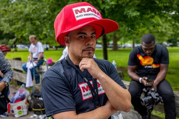 Donald Trump Campaigns in the Bronx as he awaits verdict in Hush-Money Case A man wears an oversized MAGA hat outside of former U.S. President Donald Trump s rally in Crotona Park on May 23, 2024 in the Bronx borough of New York City. Trump s visit to the deep blue borough of the Bronx is seen as a way to make inroads with Black and Hispanic voters. His visit coincides with the end of his hush money trial. New York New York United States Copyright: MichaelxNigro