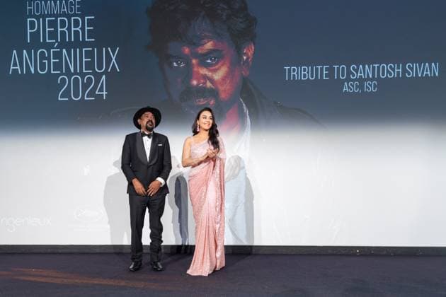 Cannes - Pierre Angenieux Prize Award Ceremony 2024 Pierre Angenieux Prize award ceremony with Santosh Sivan and Preity Zinta on stage during the 77th annual Cannes Film Festival at the Palais des Festivals, Saturday, May 24, 2024 in Cannes, France. Photo by Cyril Chateau ABACAPRESS.COM Cannes France  Copyright: xChateauxCyril ABACAx