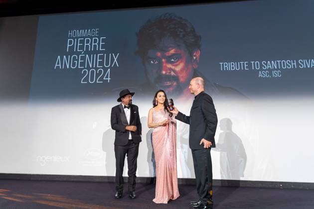 Cannes - Pierre Angenieux Prize Award Ceremony 2024 Pierre Angenieux Prize award ceremony with Santosh Sivan and Preity Zinta on stage during the 77th annual Cannes Film Festival at the Palais des Festivals, Saturday, May 24, 2024 in Cannes, France. Photo by Cyril Chateau ABACAPRESS.COM Cannes France  Copyright: xChateauxCyril ABACAx