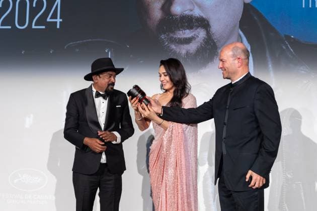 Cannes - Pierre Angenieux Prize Award Ceremony 2024 Pierre Angenieux Prize award ceremony with Santosh Sivan and Preity Zinta on stage during the 77th annual Cannes Film Festival at the Palais des Festivals, Saturday, May 24, 2024 in Cannes, France. Photo by Cyril Chateau ABACAPRESS.COM Cannes France  Copyright: xChateauxCyril ABACAx