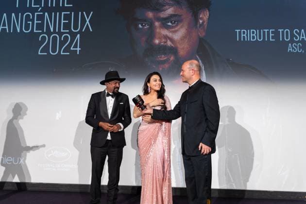 Cannes - Pierre Angenieux Prize Award Ceremony 2024 Pierre Angenieux Prize award ceremony with Santosh Sivan and Preity Zinta on stage during the 77th annual Cannes Film Festival at the Palais des Festivals, Saturday, May 24, 2024 in Cannes, France. Photo by Cyril Chateau ABACAPRESS.COM Cannes France  Copyright: xChateauxCyril ABACAx