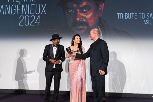 Cannes - Pierre Angenieux Prize Award Ceremony 2024 Pierre Angenieux Prize award ceremony with Santosh Sivan and Preity Zinta on stage during the 77th annual Cannes Film Festival at the Palais des Festivals, Saturday, May 24, 2024 in Cannes, France. Photo by Cyril Chateau ABACAPRESS.COM Cannes France  Copyright: xChateauxCyril ABACAx