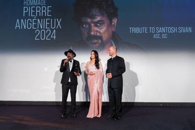 Cannes - Pierre Angenieux Prize Award Ceremony 2024 Pierre Angenieux Prize award ceremony with Santosh Sivan and Preity Zinta on stage during the 77th annual Cannes Film Festival at the Palais des Festivals, Saturday, May 24, 2024 in Cannes, France. Photo by Cyril Chateau ABACAPRESS.COM Cannes France  Copyright: xChateauxCyril ABACAx