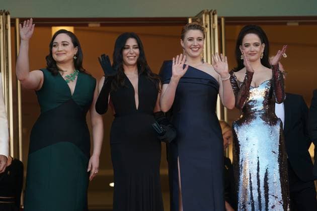 Cannes, France 25th May, 2024 Jury Members Lily Gladstone, Nadine Labaki, President of the Jury Greta Gerwig and jury members Eva Green attends the Red Carpet of the closing ceremony at the 77th annual Cannes Film Festival at Palais des Festivals on May 25, 2024 in Cannes, France CINEMA 77eme Festival de Cannes Red Carpet Closing Ceremony 25 05 2024 NorbertScanella Panoramic 